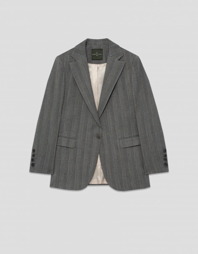 Blazer un botón gris espiga con perfil cámel