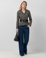 Short jacket with black and ecru weave lapels