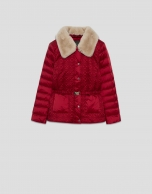 Red quilted short down jacket with fur collar