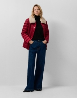 Red quilted short down jacket with fur collar