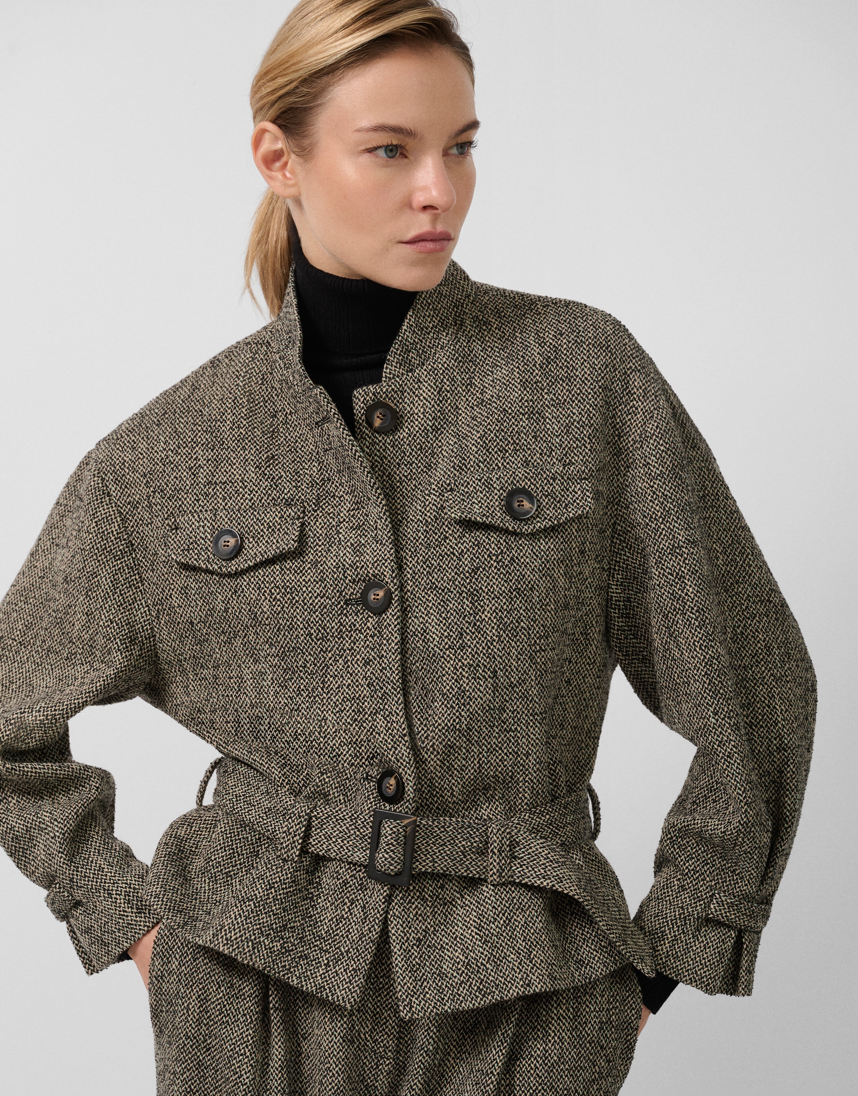 Black and beige herringbone fabric jacket