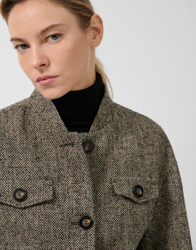 Black and beige herringbone fabric jacket