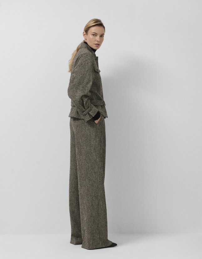 Black and beige herringbone fabric jacket