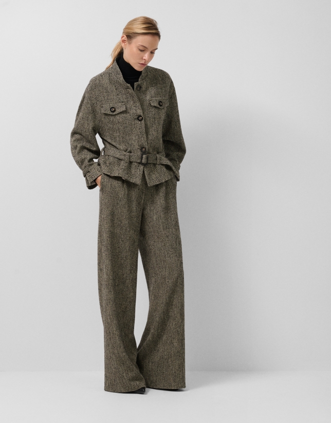 Black and beige herringbone fabric jacket