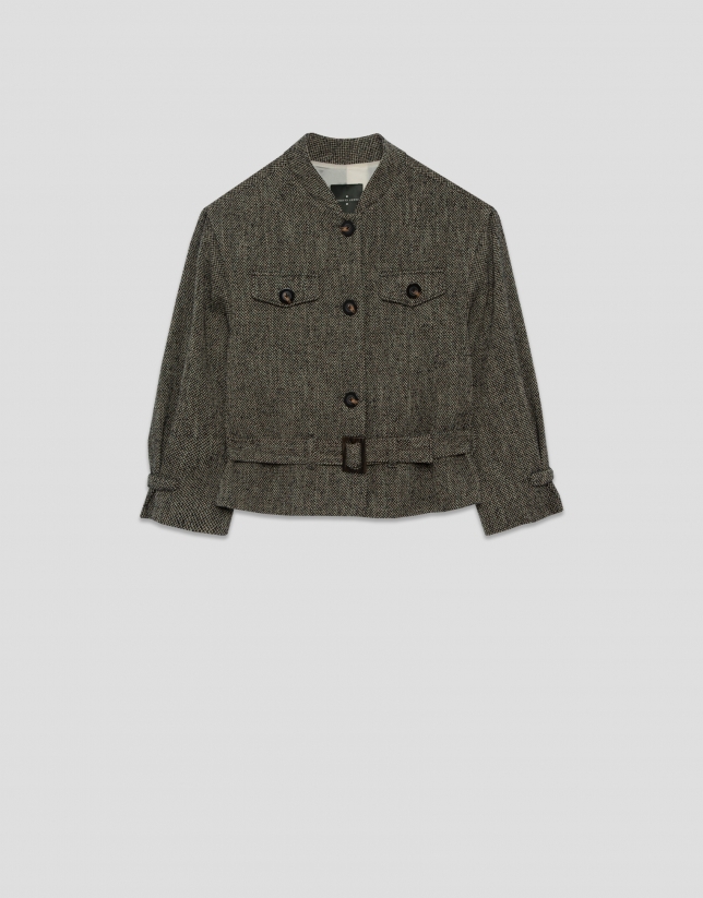 Cazadora tejido espiga negro y beige