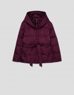 Aubergine short down jacket with hood