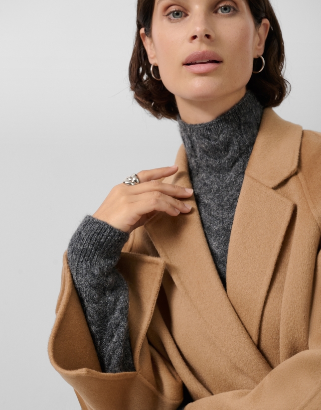 Camel double-faced three-quarter length short coat
