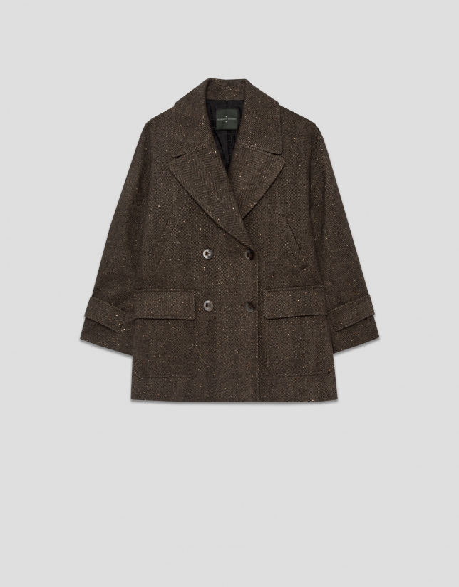 Brown three-quarter herringbone double-breasted jacket