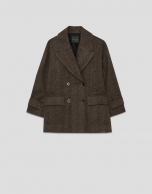 Brown three-quarter herringbone double-breasted jacket