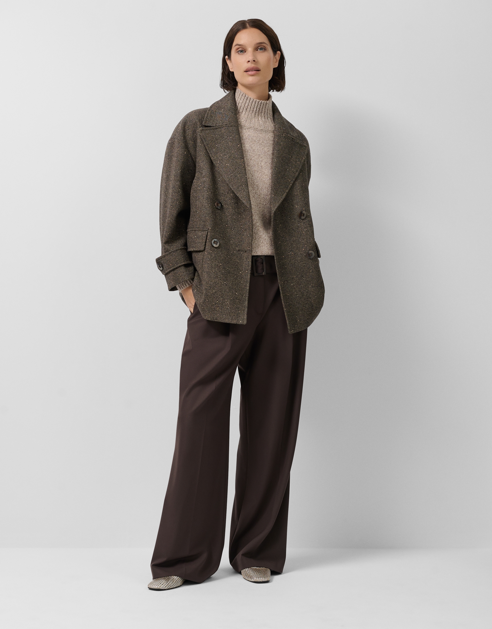 Brown herringbone three-quarter length double-breasted coat with shine