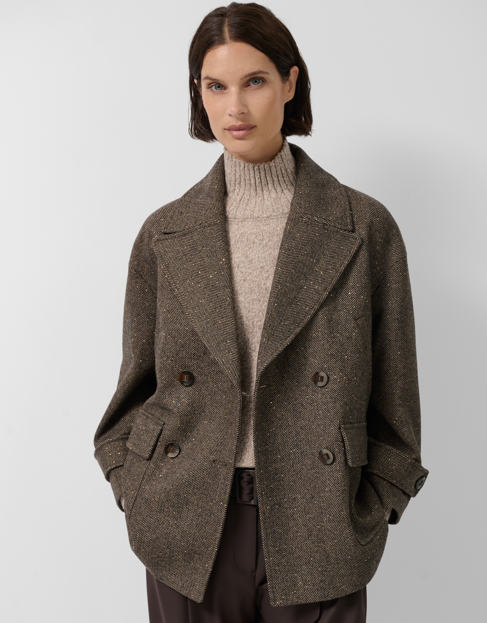 Brown three-quarter herringbone double-breasted jacket