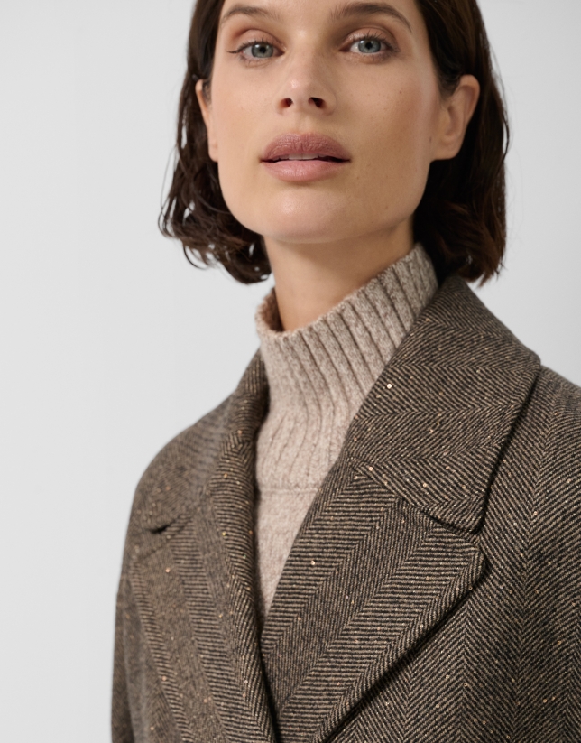 Brown three-quarter herringbone double-breasted jacket