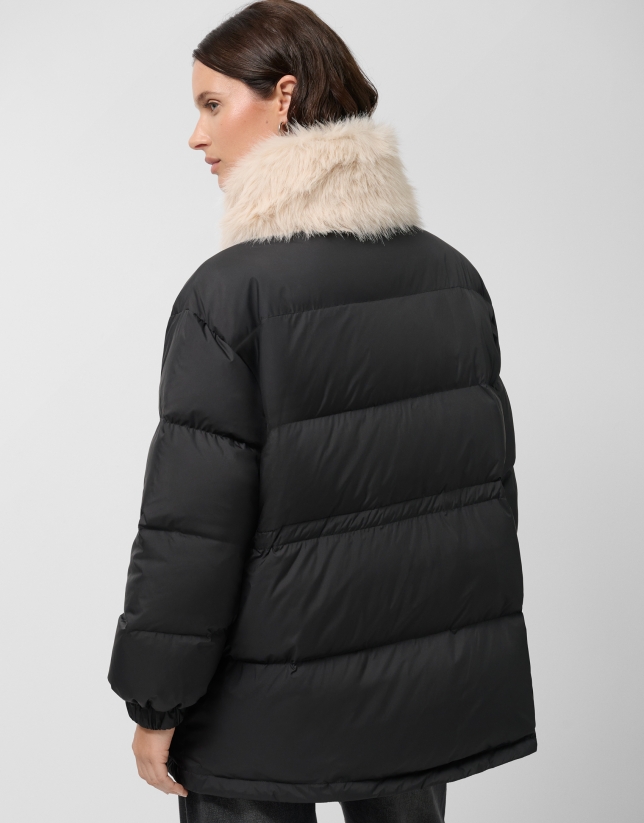 Black down jacket with fur-effect collar