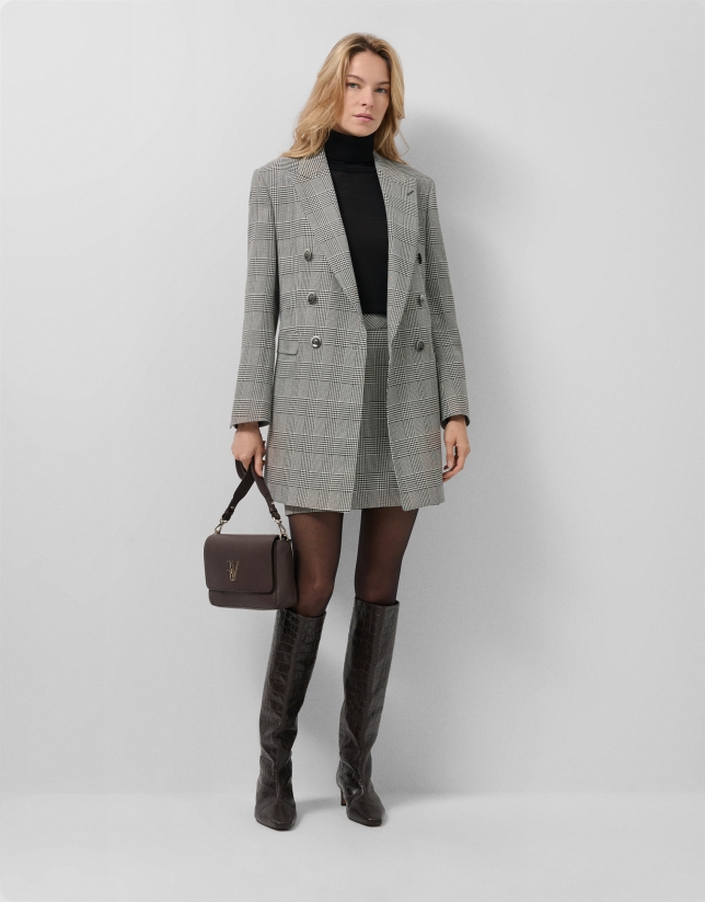 Black and white Welsh plaid double-breasted coat