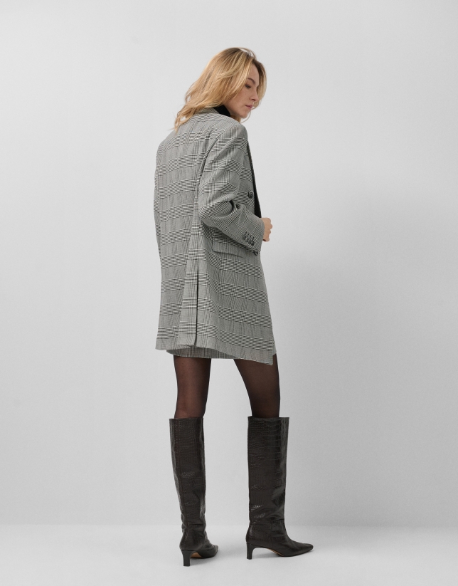 Black and white Welsh plaid double-breasted coat