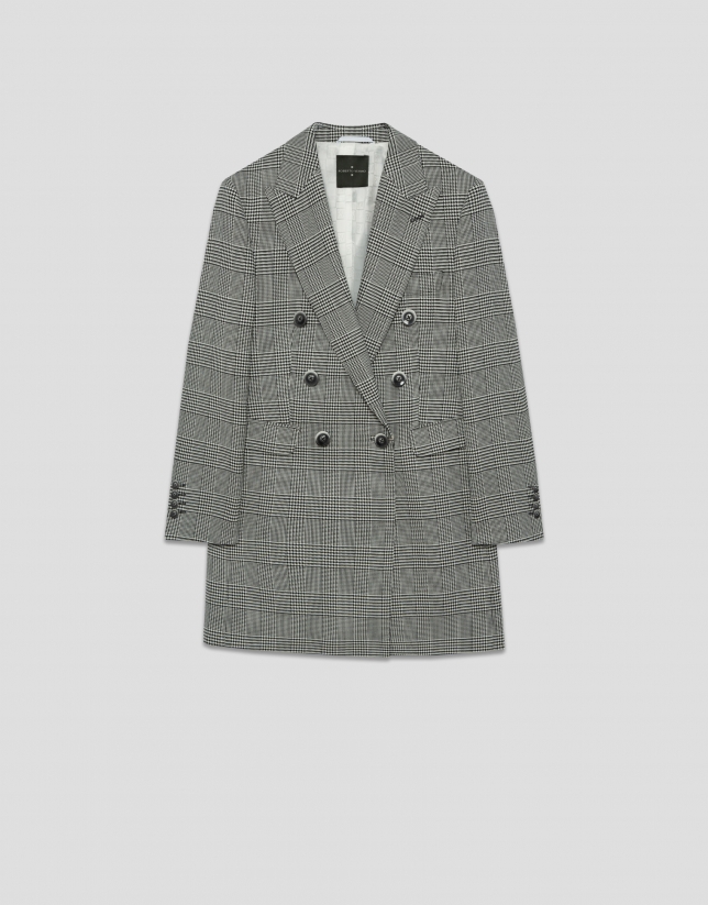 Black and white Welsh plaid double-breasted coat