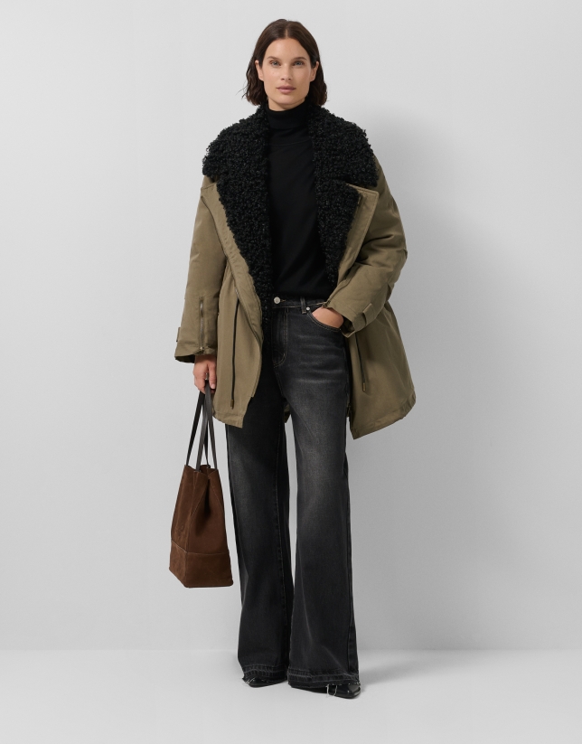 Long green hunting cotton jacket with quilted interior