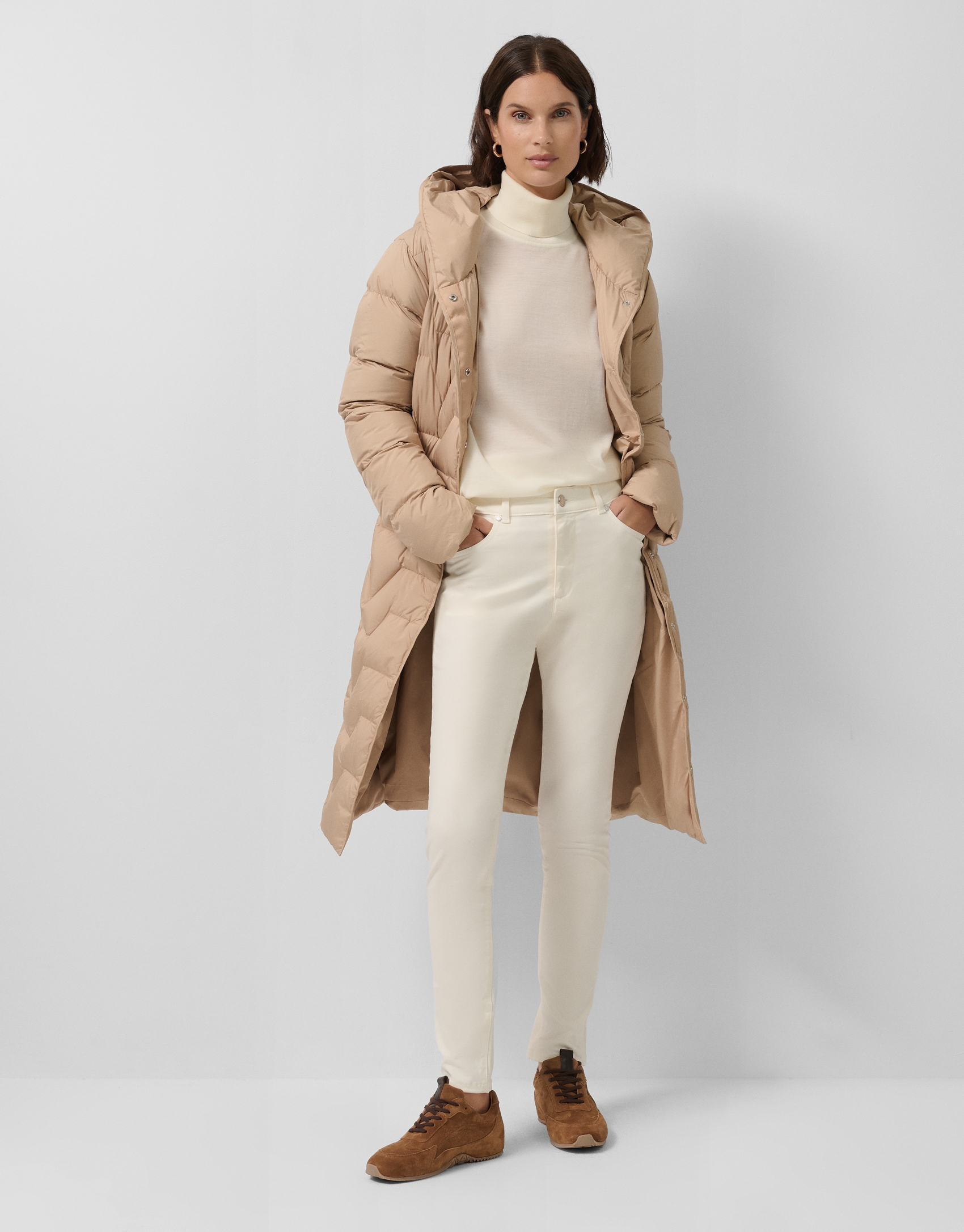 Camel long down jacket with hood