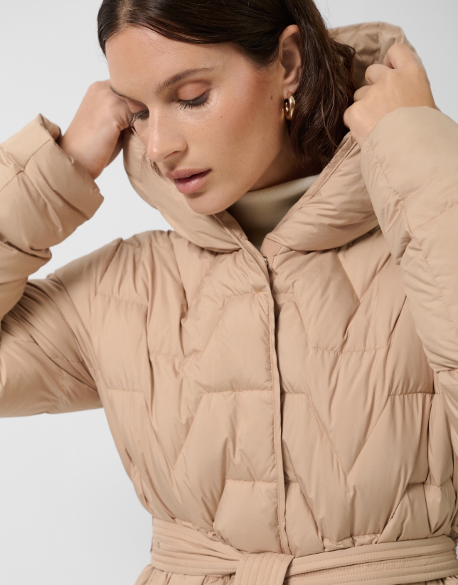 Camel long down jacket with hood