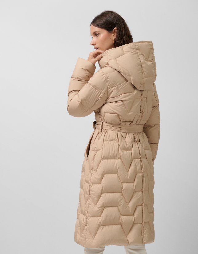 Camel long down jacket with hood