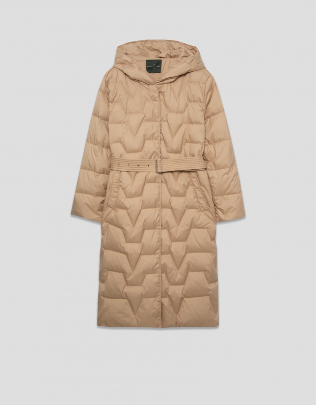 Camel long down jacket with hood