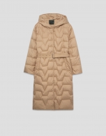 Camel long down jacket with hood