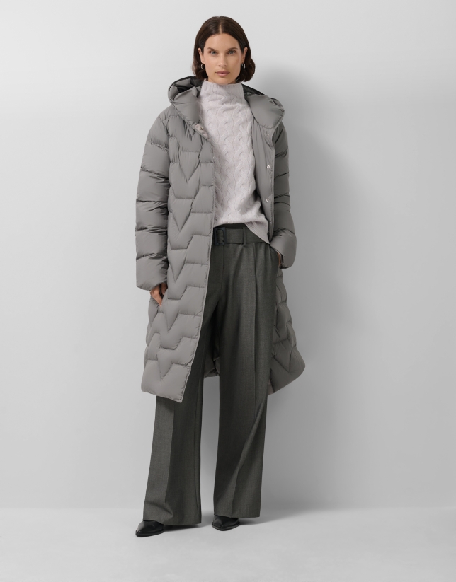 Long down jacket with grey hood