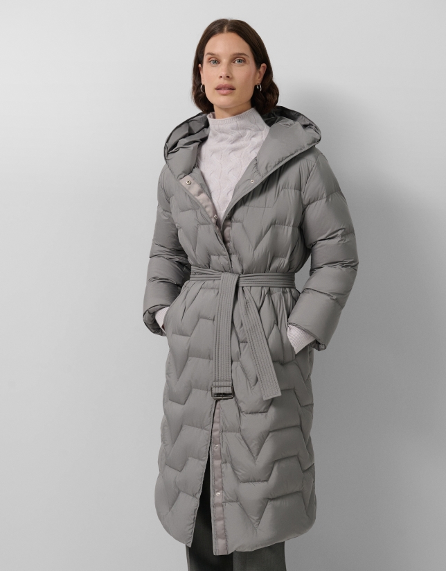 Long down jacket with grey hood