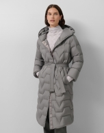 Long down jacket with grey hood