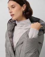 Long down jacket with grey hood