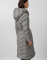 Long down jacket with grey hood
