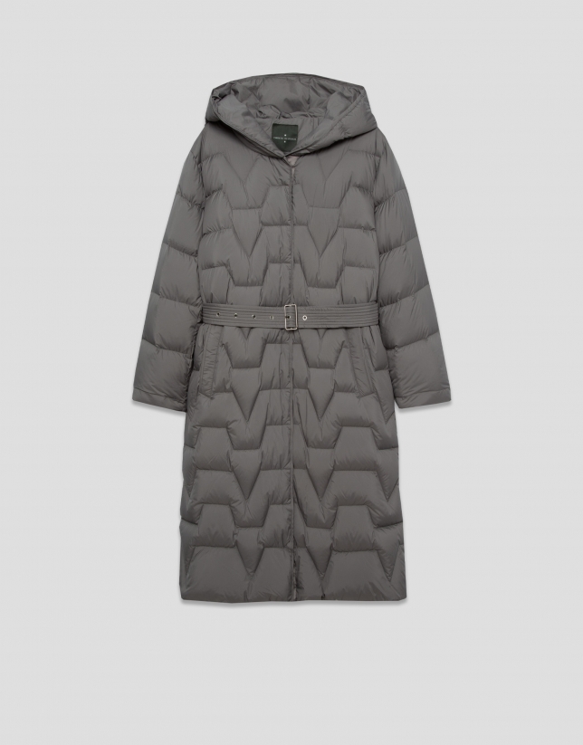 Long down jacket with grey hood