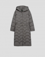 Long down jacket with grey hood