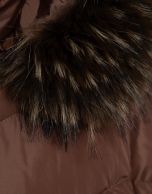 Long brown down jacket with removable hood and faux fur