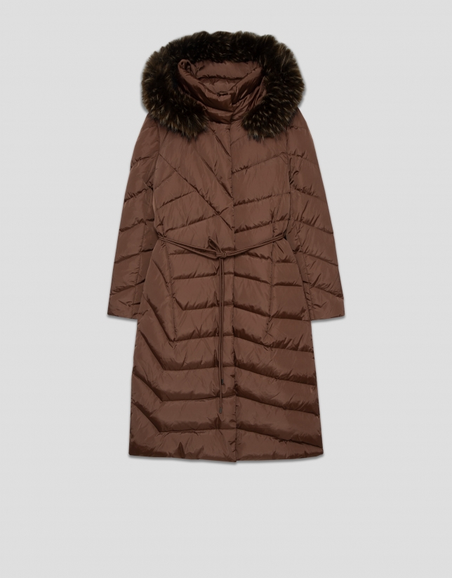 Long brown down jacket with removable hood and faux fur