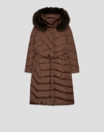Long brown down jacket with removable hood and faux fur