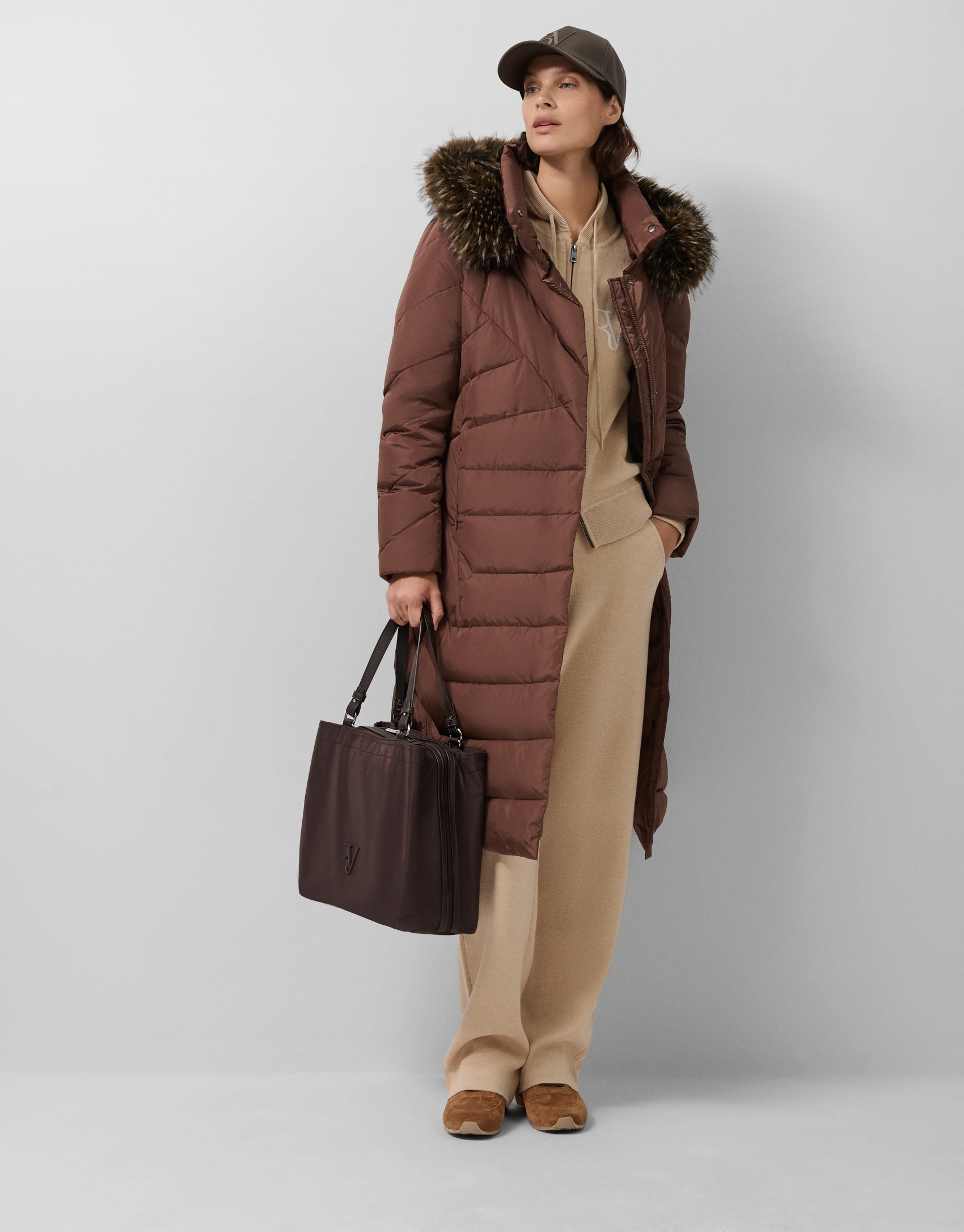 Long brown down jacket with removable hood and faux fur