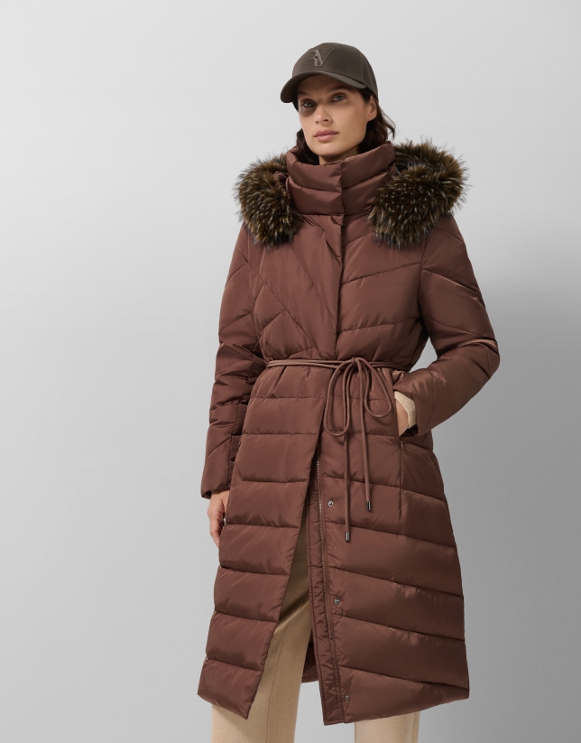 Long brown down jacket with removable hood and faux fur