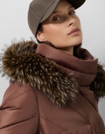 Long brown down jacket with removable hood and faux fur