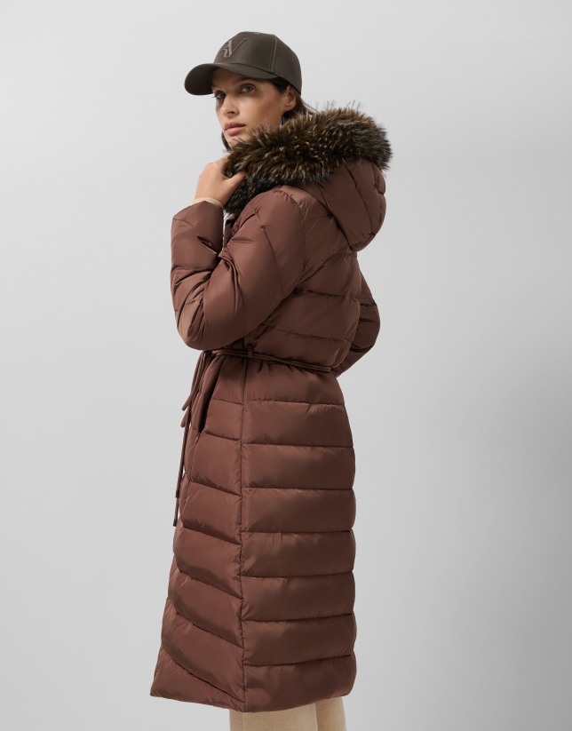 Long brown down jacket with removable hood and faux fur