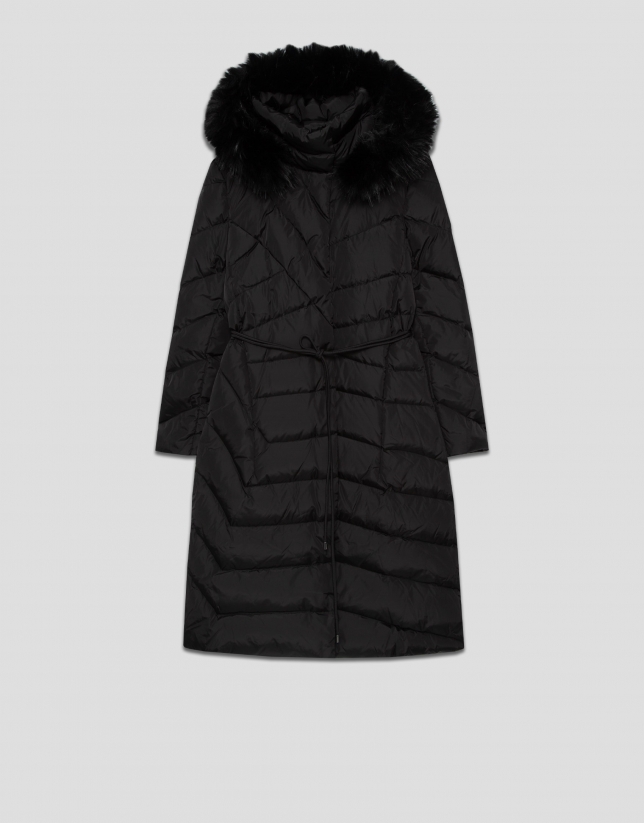 Long black down jacket with removable hood and faux fur