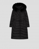 Long black down jacket with removable hood and faux fur