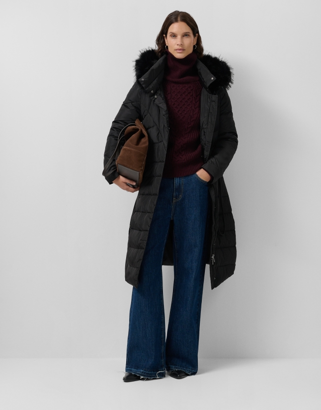 Long black down jacket with removable hood and faux fur