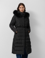 Long black down jacket with removable hood and faux fur