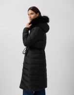 Long black down jacket with removable hood and faux fur