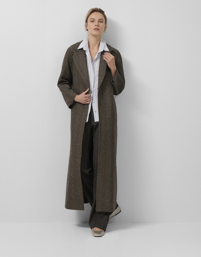 Long coat in brown herringbone cloth with shine