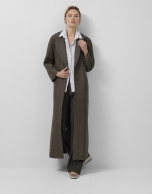 Long coat in brown herringbone cloth with shine