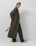 Long coat in brown herringbone cloth with shine