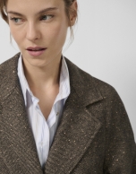 Long coat in brown herringbone cloth with shine