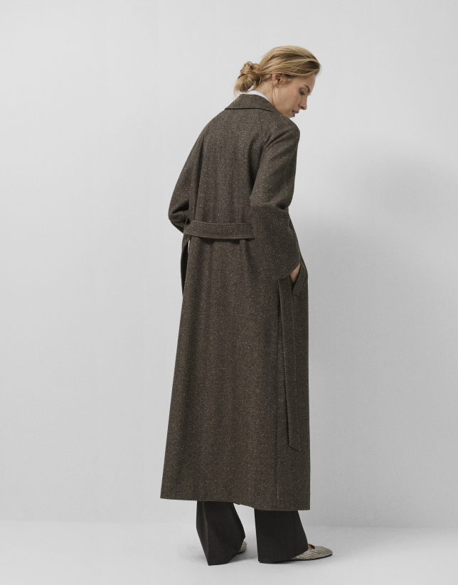 Long coat in brown herringbone cloth with shine